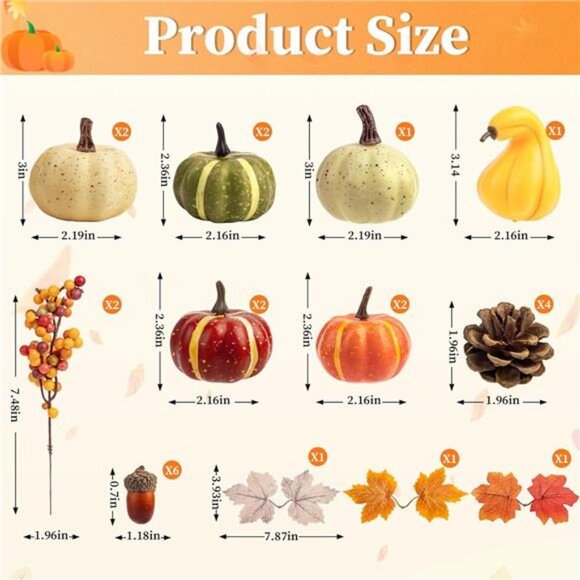 25Pcs Artificial Decor Set Assorted Fall Mini Pumpkin Decorations w Maple Leaves - Picture 2 of 7